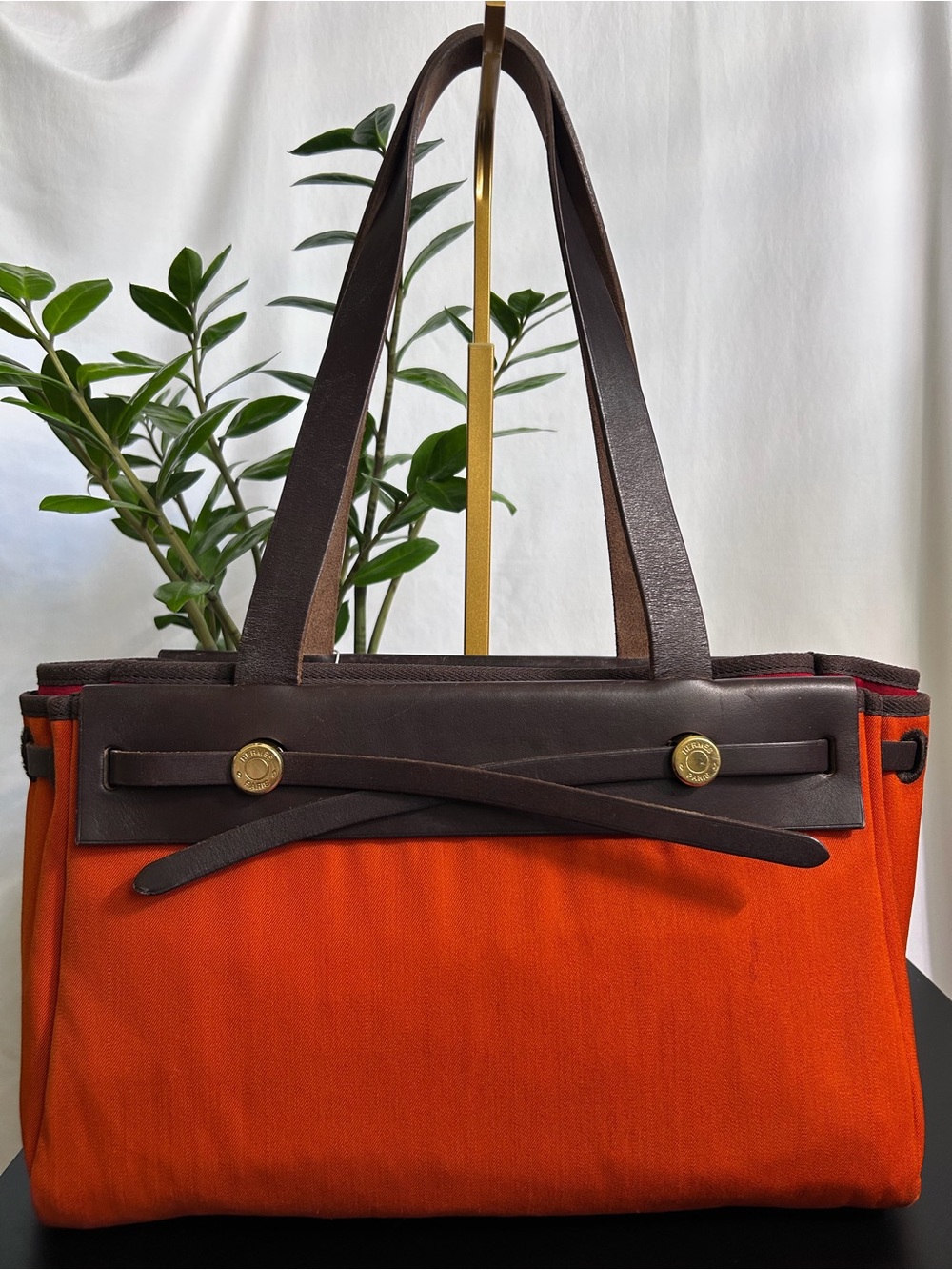 Hermès Herbag Cabas PM. Women's Orange Canvas Shoulder Bag with Dark Brown Leath